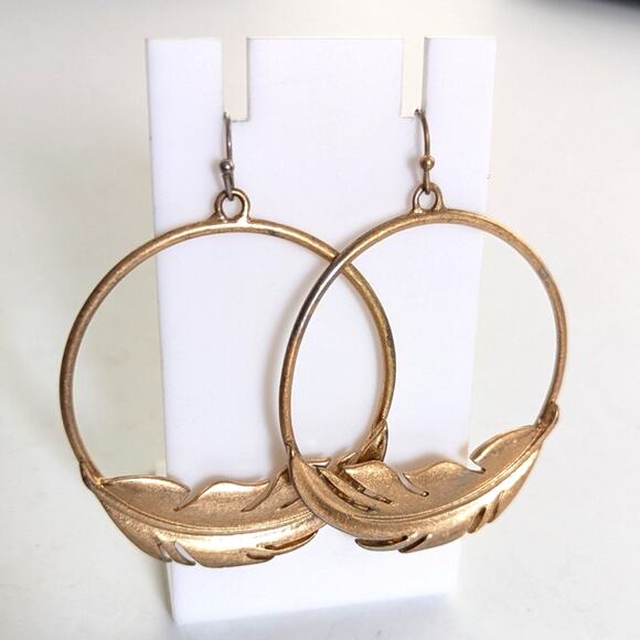 Light Gold Tone Feather Hoop Bohemian Festival Dangle Hook Earrings - Picture 1 of 3
